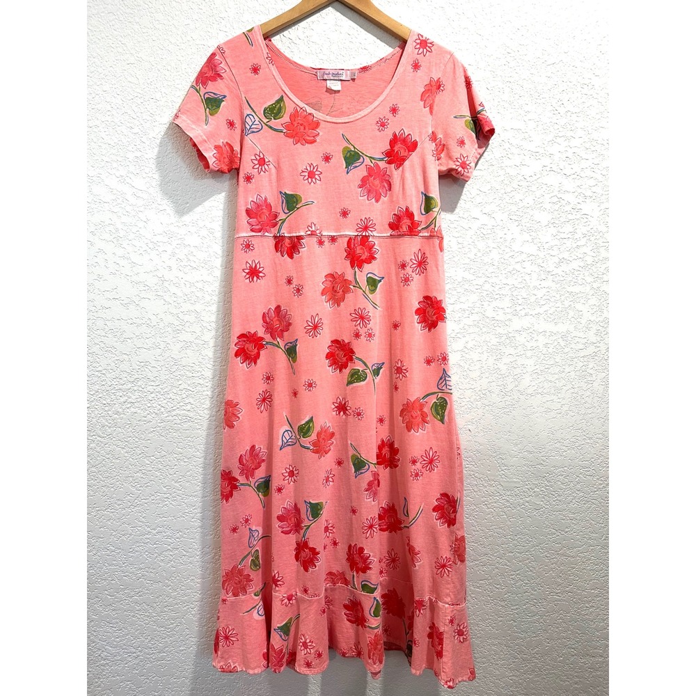 Fresh Produce 100% Cotton Coral Pink with Floral Print Ruffle Hem Maxi Dress
